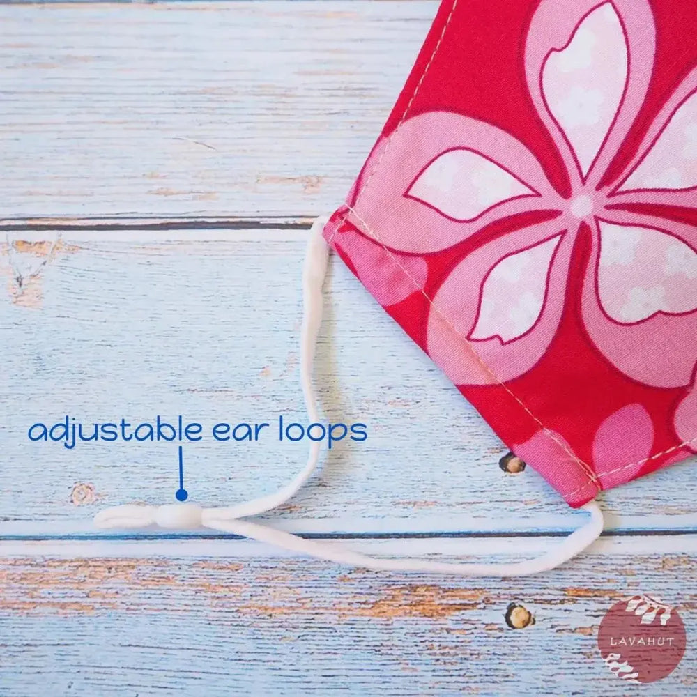 Adjustable Tropical Face Mask • Red Groovy Plumeria - Made in Hawaii