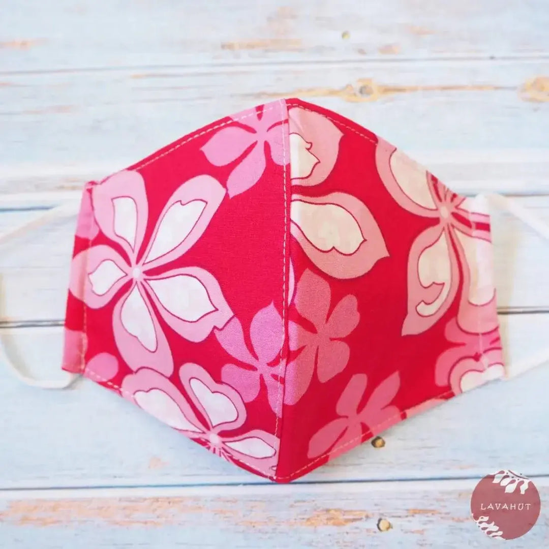 Adjustable Tropical Face Mask • Red Groovy Plumeria - Made in Hawaii