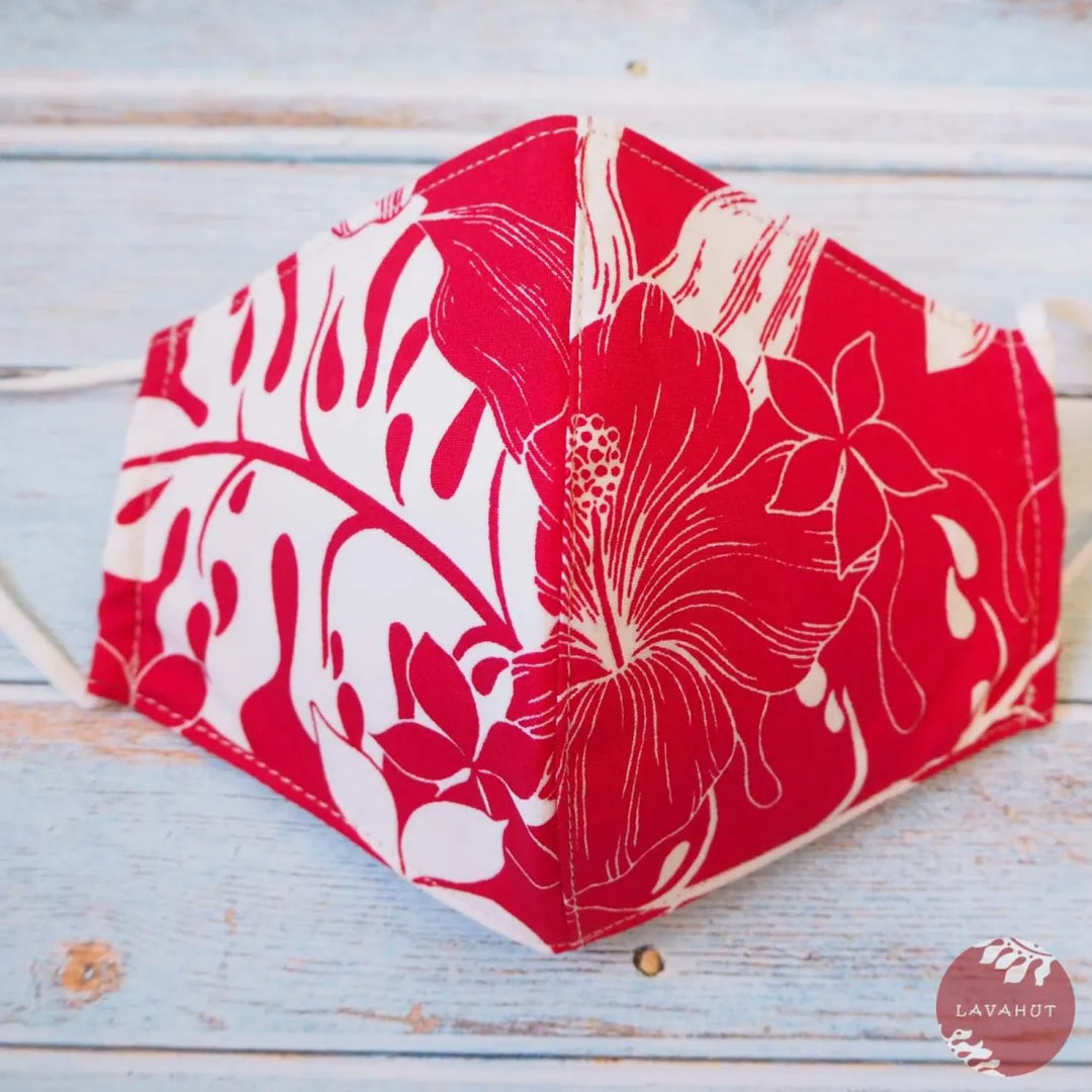 Adjustable Tropical Face Mask ?? Red Hibiscus Etch - Made in Hawaii