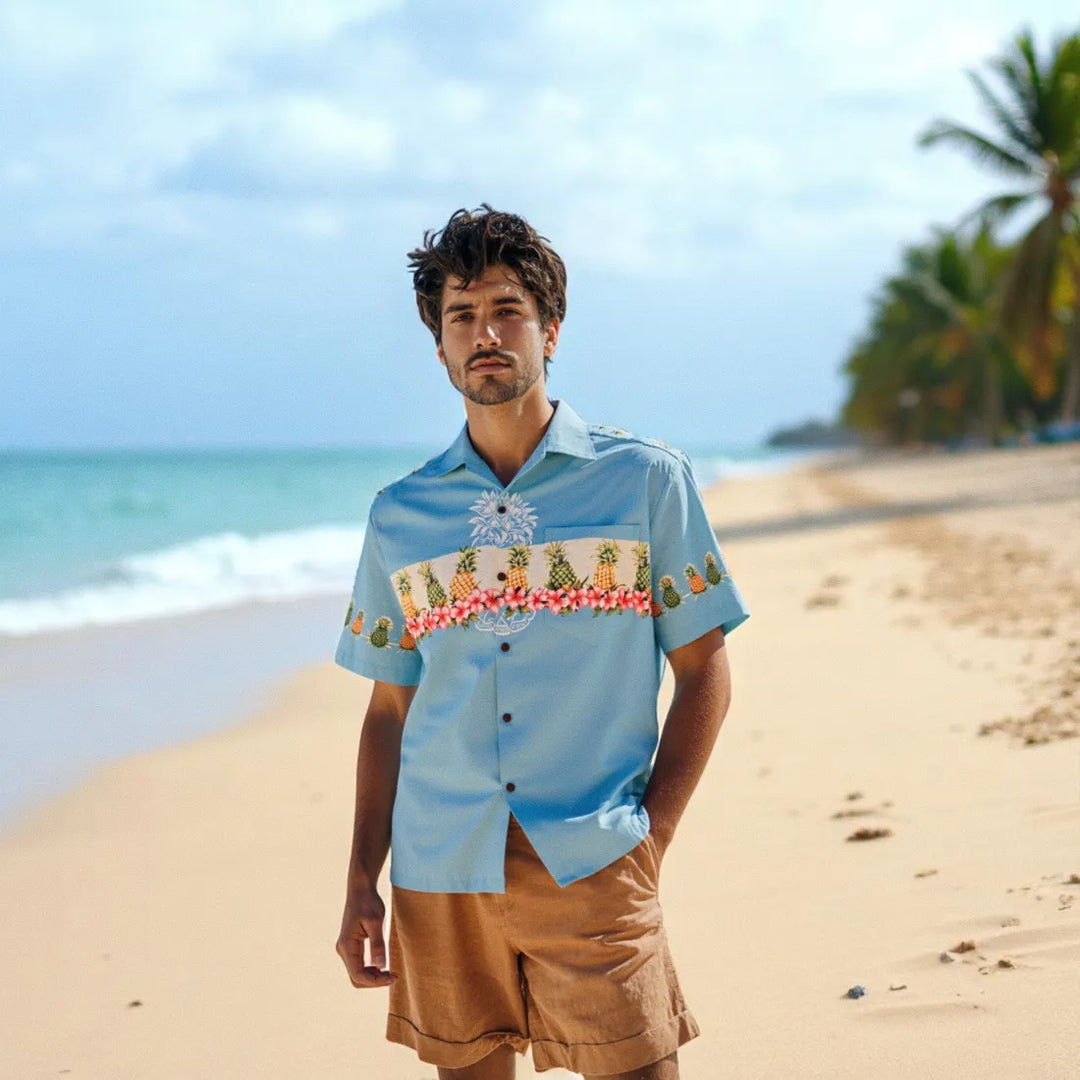 Anana Blue Hawaiian Border Shirt - Made in Hawaii