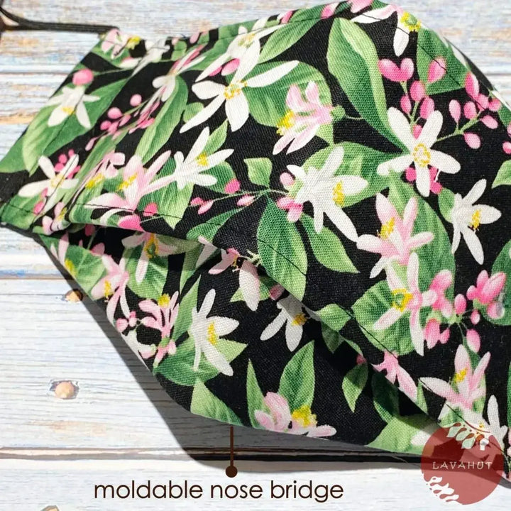 Antimicrobial Silvadur™ + Origami 3d Face Mask • Black Lemon Blooms - Made in Hawaii