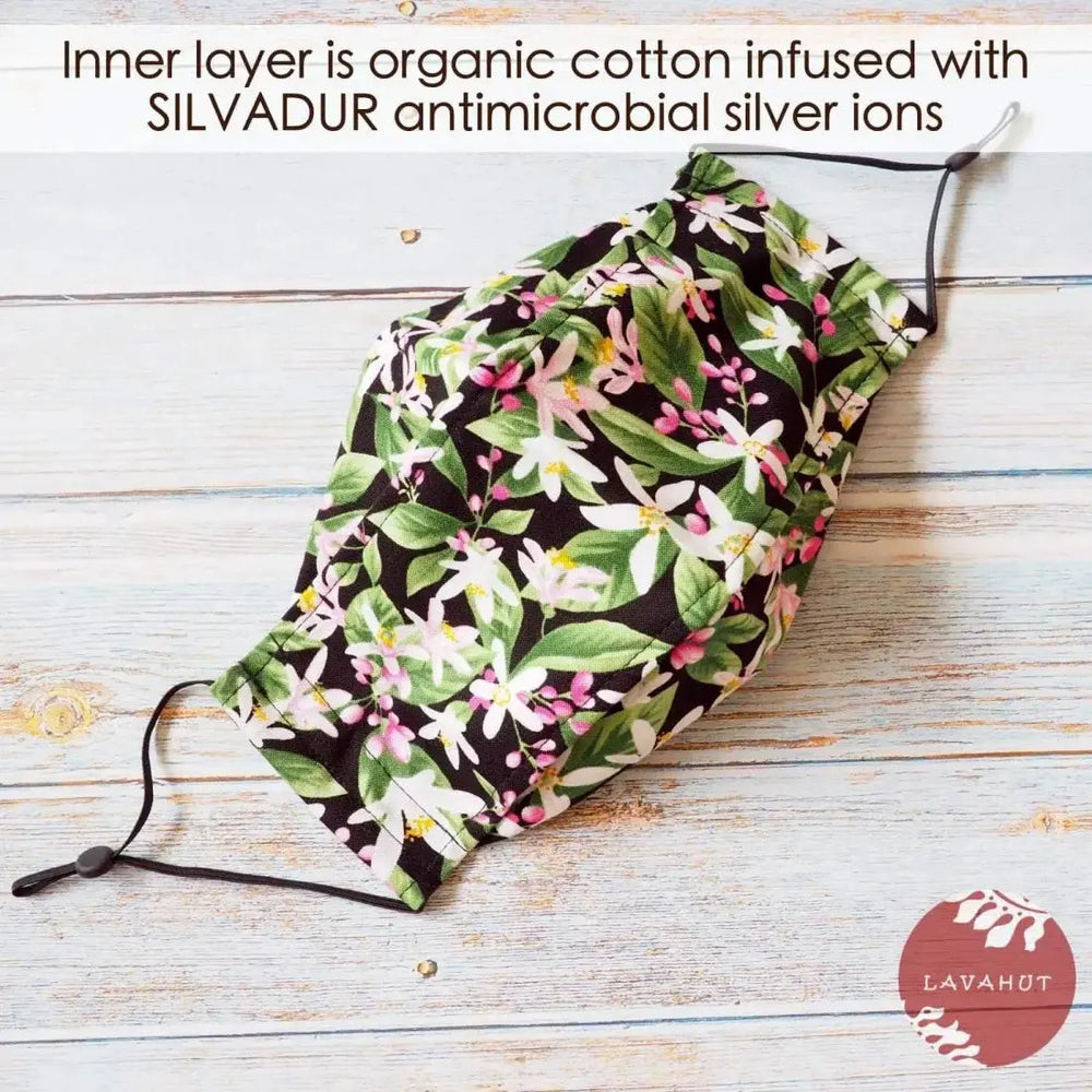 Antimicrobial Silvadur™ + Origami 3d Face Mask • Black Lemon Blooms - Made in Hawaii
