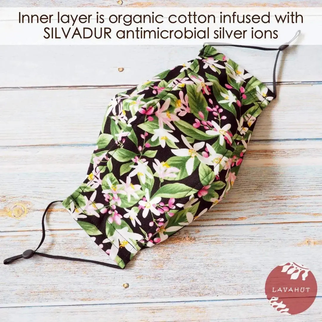 Antimicrobial Silvadur™ + Origami 3d Face Mask • Black Lemon Blooms - Made in Hawaii