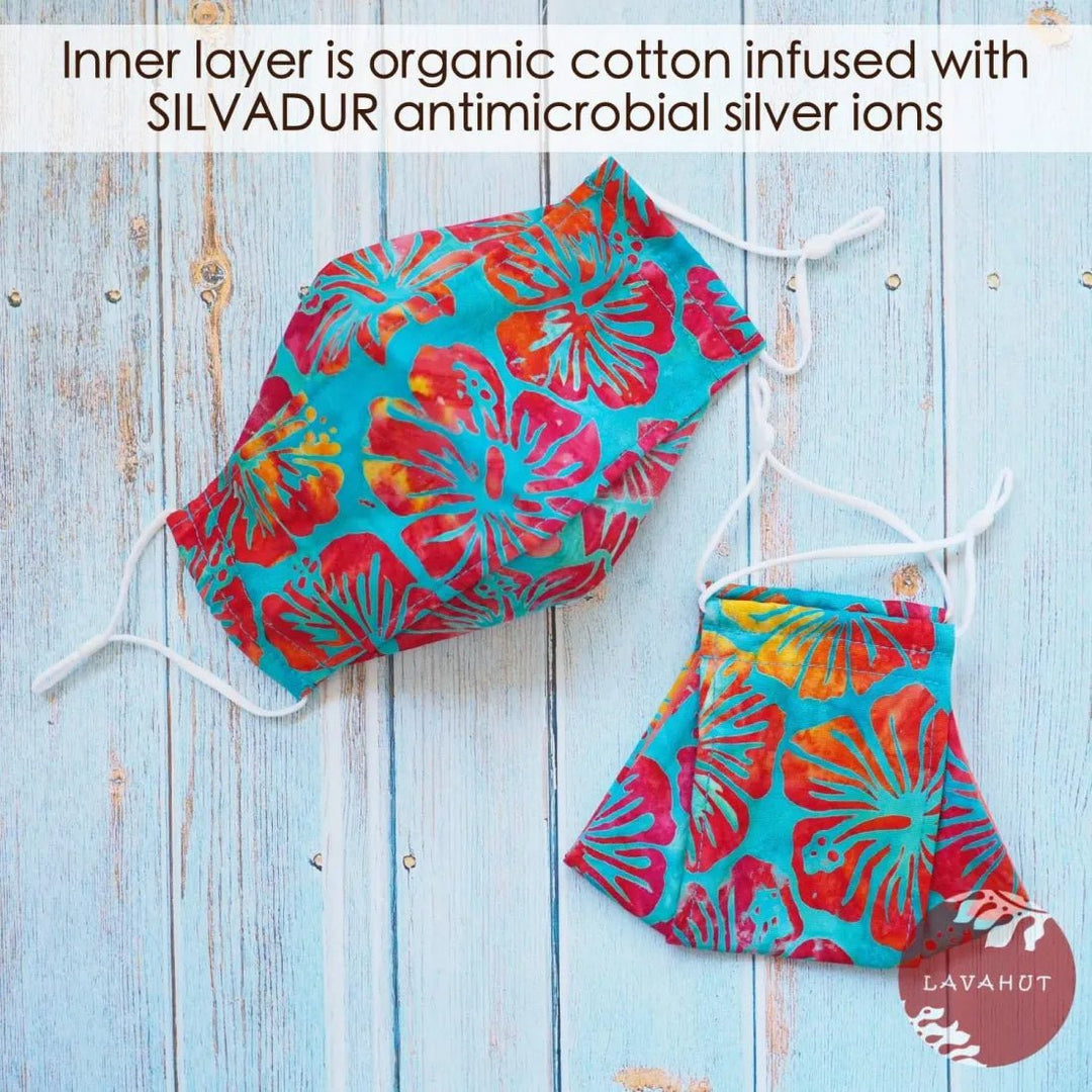 Antimicrobial SILVADUR™ + Origami 3D Face Mask • Blue Hibiscus Party – Authentic Hawaiian Face Mask by Lavahut