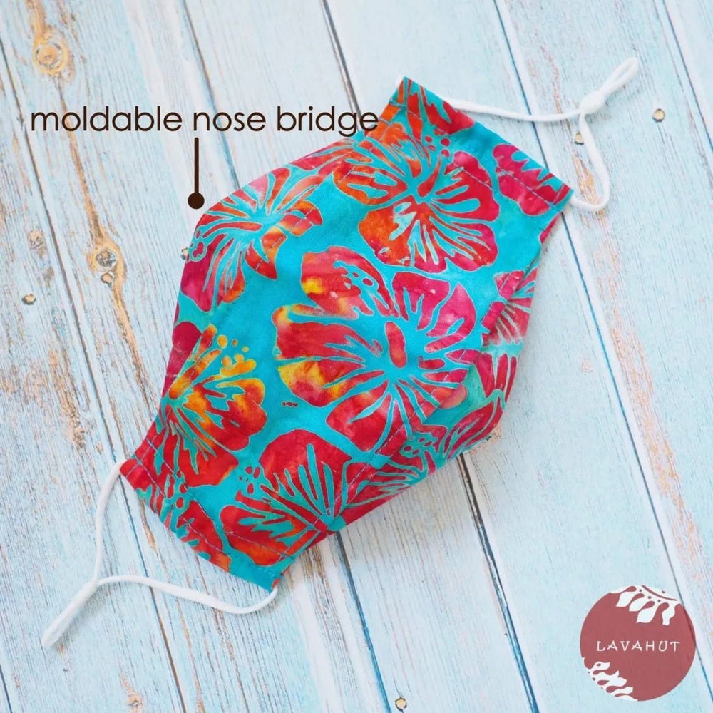 Antimicrobial SILVADUR™ + Origami 3D Face Mask • Blue Hibiscus Party – Authentic Hawaiian Face Mask by Lavahut
