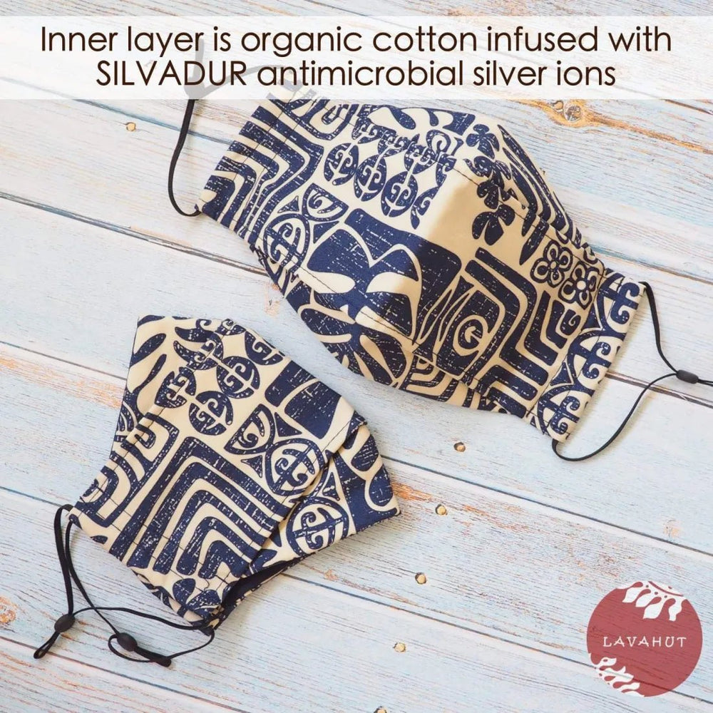 Antimicrobial SILVADUR™ + Origami 3D Face Mask • Blue Pictographs – Authentic Hawaiian Face Mask by Lavahut