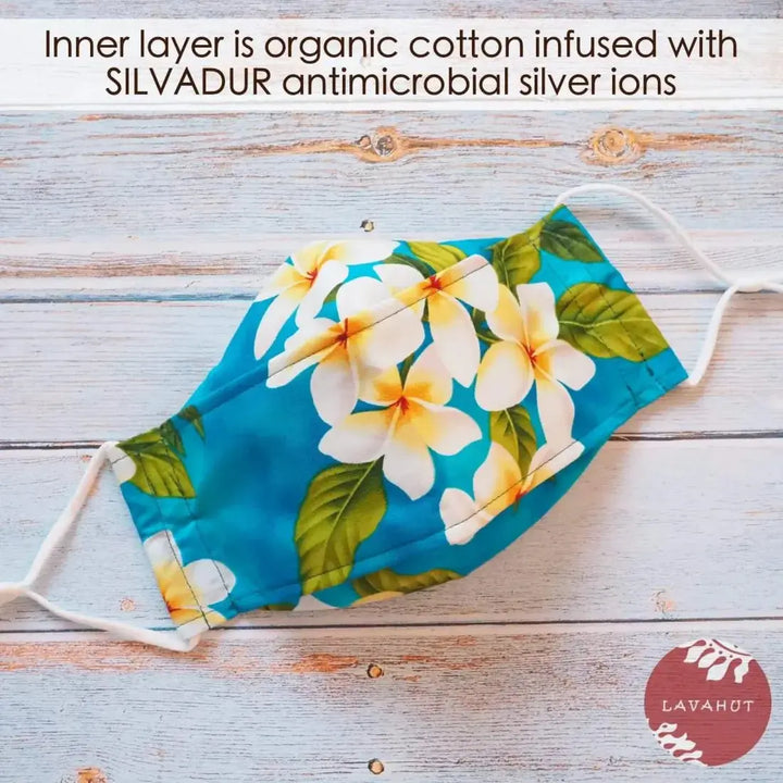 Antimicrobial Silvadur™ + Origami 3d Face Mask • Blue Plumeria Garden - Made in Hawaii