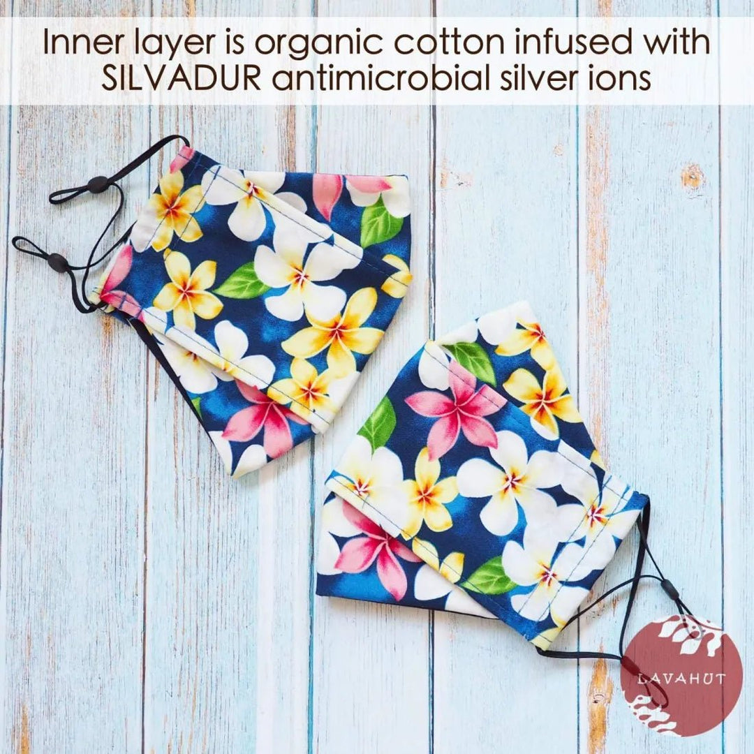 Antimicrobial SILVADUR™ + Origami 3D Face Mask • Blue Plumeria Shower – Authentic Hawaiian Face Mask by Lavahut