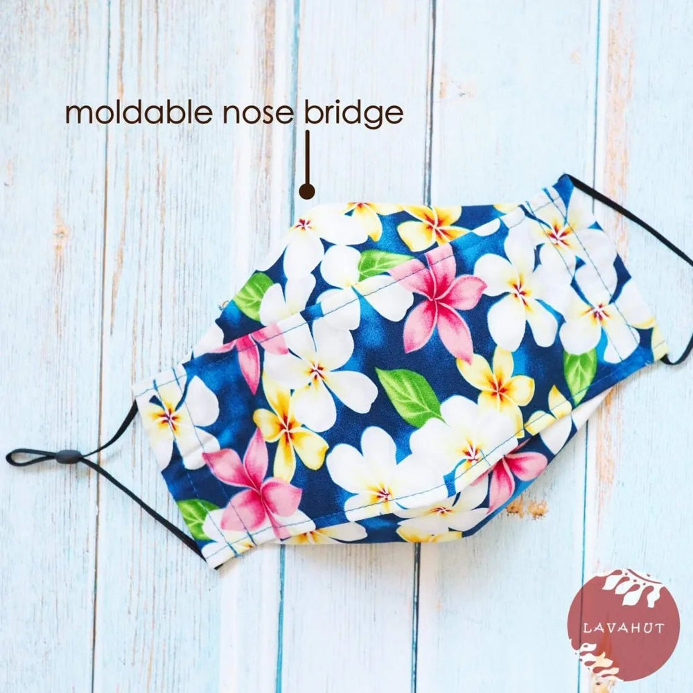 Antimicrobial SILVADUR™ + Origami 3D Face Mask • Blue Plumeria Shower – Authentic Hawaiian Face Mask by Lavahut
