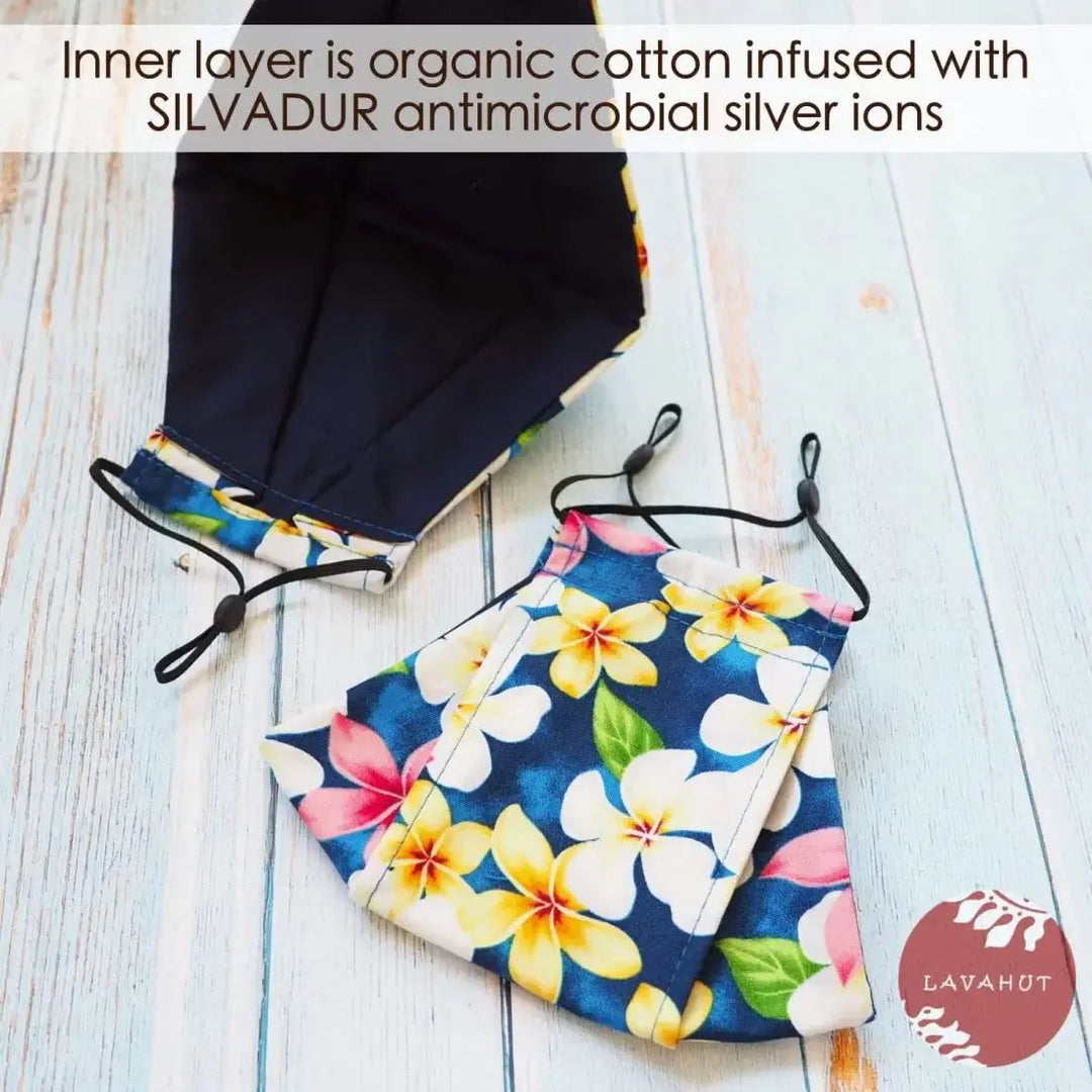 Antimicrobial Silvadur™ + Origami 3d Face Mask • Blue Plumeria Shower - Made in Hawaii