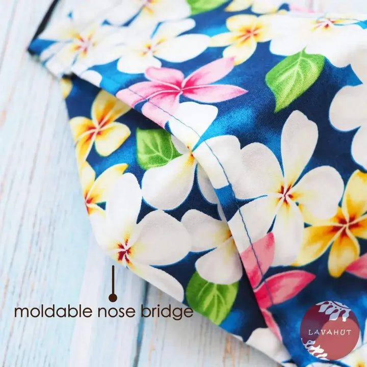 Antimicrobial Silvadur™ + Origami 3d Face Mask • Blue Plumeria Shower - Made in Hawaii