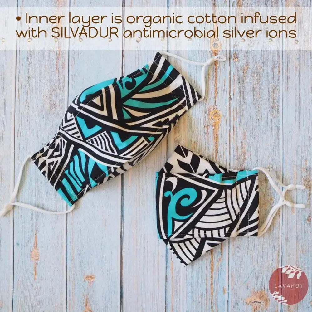 Antimicrobial Silvadur™ + Origami 3d Face Mask • Blue Tribal Tattoo - Made in Hawaii