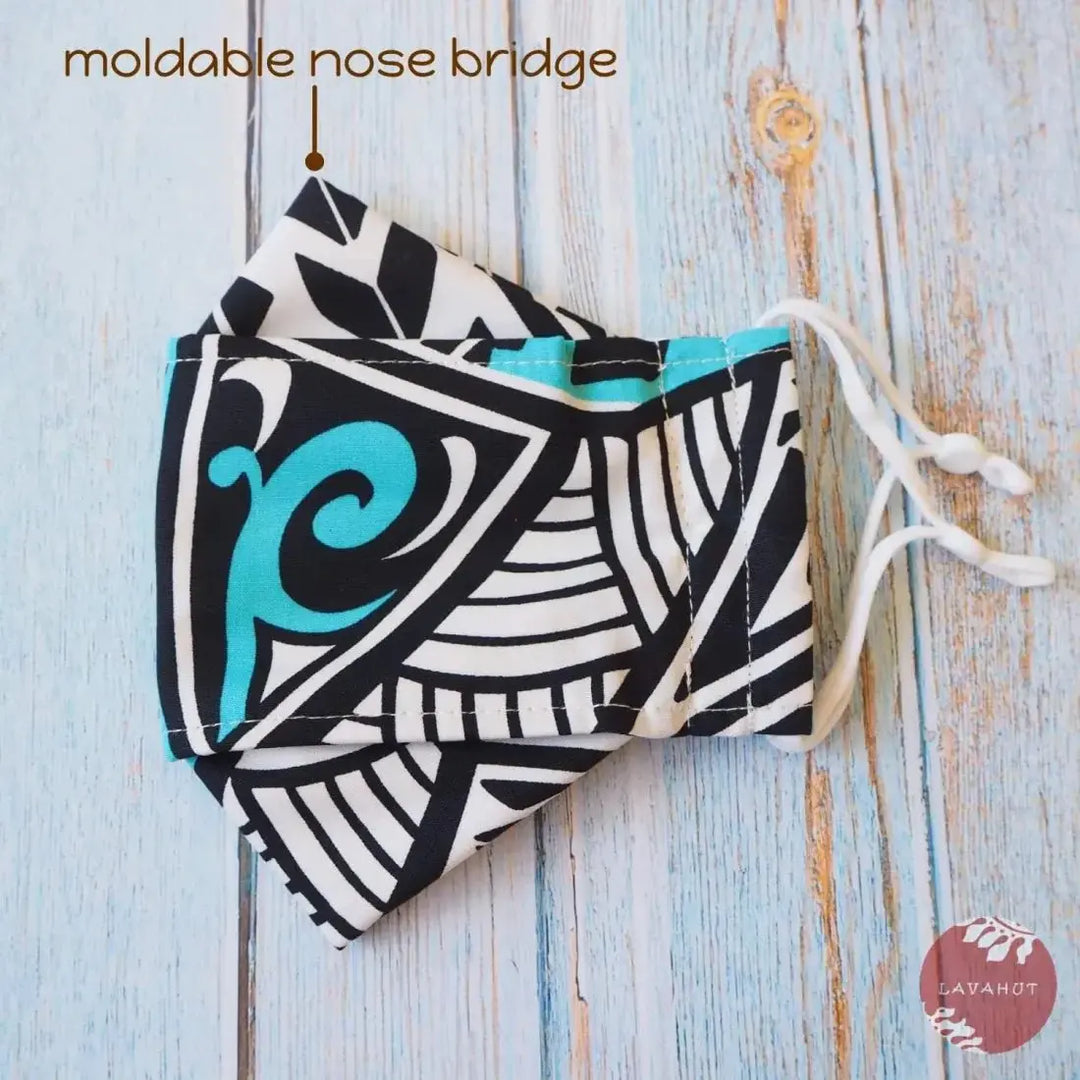 Antimicrobial Silvadur™ + Origami 3d Face Mask • Blue Tribal Tattoo - Made in Hawaii