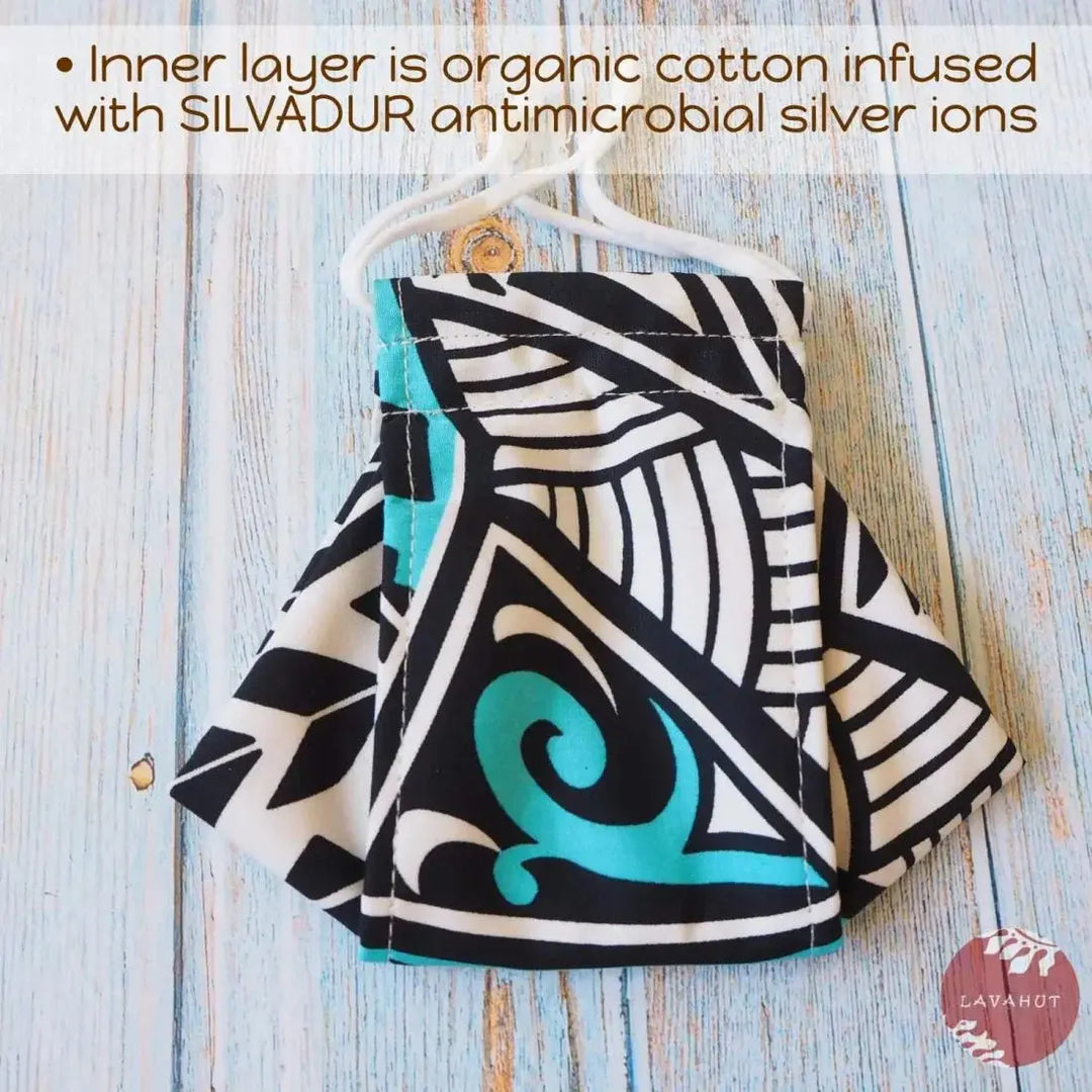 Antimicrobial Silvadur™ + Origami 3d Face Mask • Blue Tribal Tattoo - Made in Hawaii