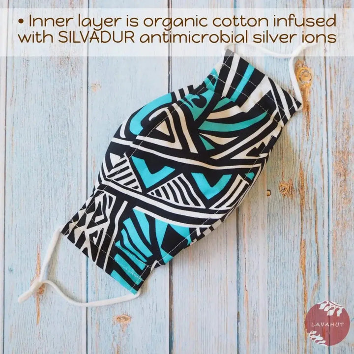 Antimicrobial Silvadur™ + Origami 3d Face Mask • Blue Tribal Tattoo - Made in Hawaii