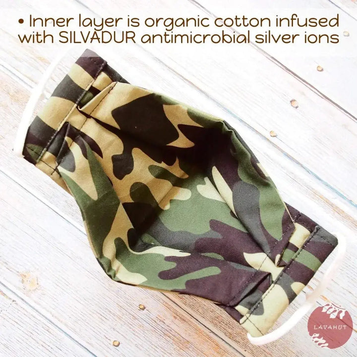 Antimicrobial Silvadur™ + Origami 3d Face Mask • Green Camouflage - Made in Hawaii