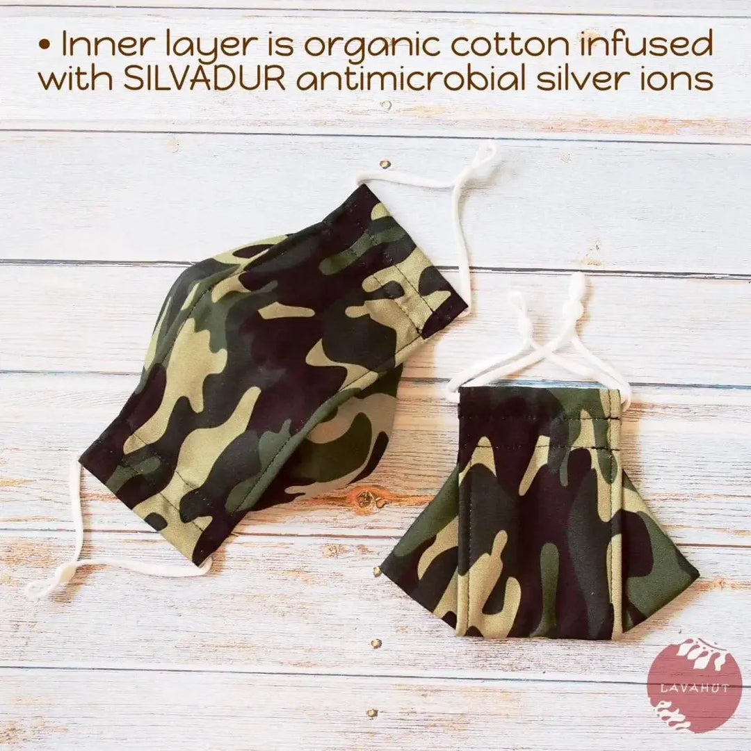 Antimicrobial Silvadur™ + Origami 3d Face Mask • Green Camouflage - Made in Hawaii