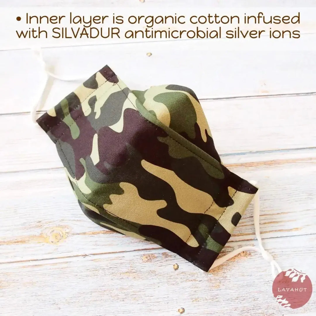 Antimicrobial Silvadur™ + Origami 3d Face Mask • Green Camouflage - Made in Hawaii