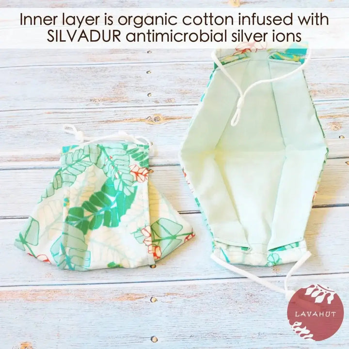 Antimicrobial Silvadur™ + Origami 3d Face Mask • Green Fronds - Made in Hawaii
