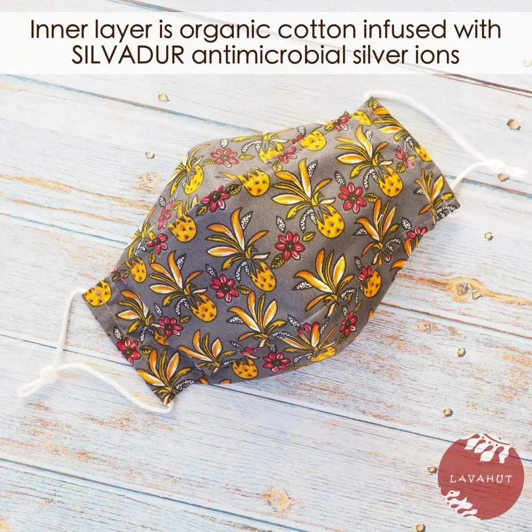 Antimicrobial Silvadur™ + Origami 3d Face Mask • Grey Pineapple Maze - Made in Hawaii
