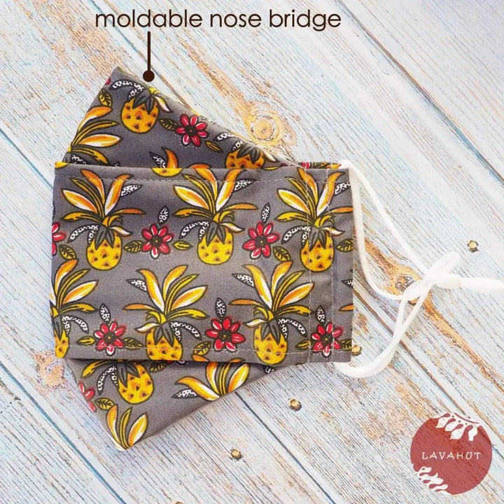 Antimicrobial Silvadur™ + Origami 3d Face Mask • Grey Pineapple Maze - Made in Hawaii