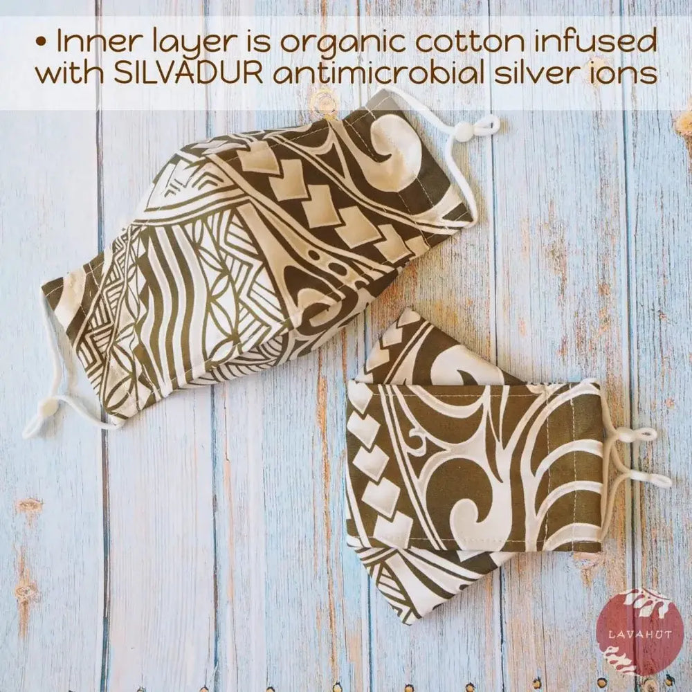 Antimicrobial Silvadur™ + Origami 3d Face Mask • Khaki Tribal Tattoo - Made in Hawaii