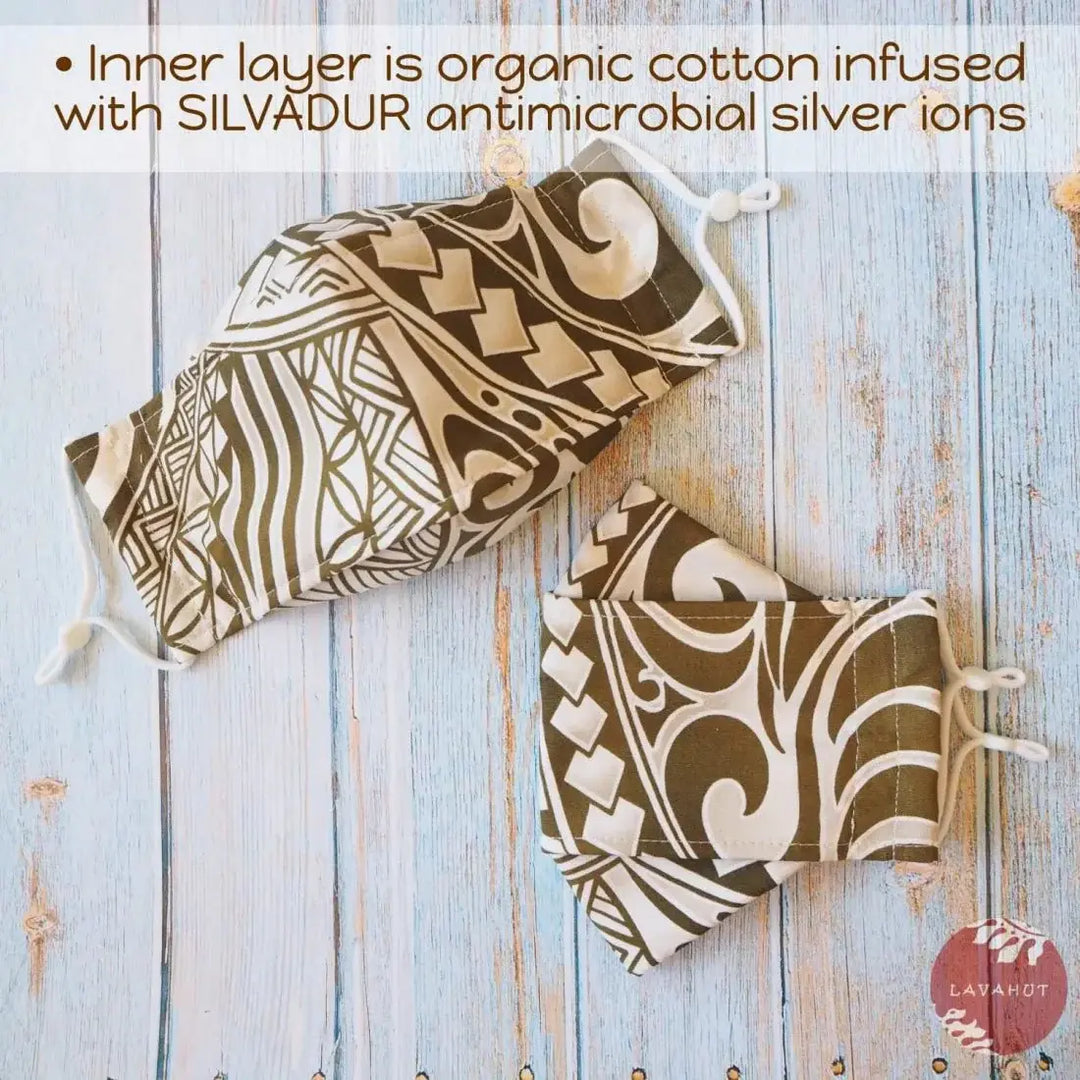 Antimicrobial Silvadur™ + Origami 3d Face Mask • Khaki Tribal Tattoo - Made in Hawaii