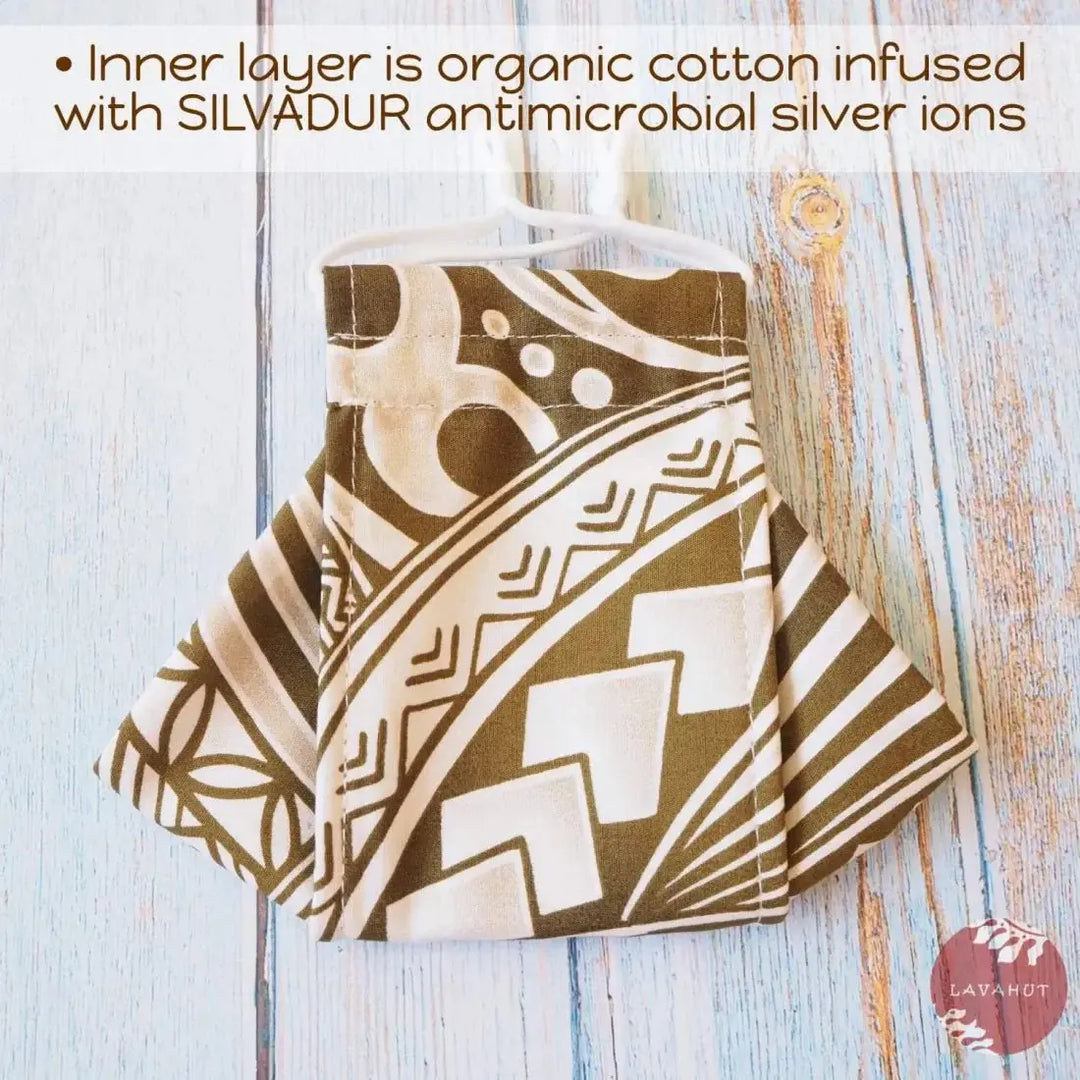 Antimicrobial Silvadur™ + Origami 3d Face Mask • Khaki Tribal Tattoo - Made in Hawaii