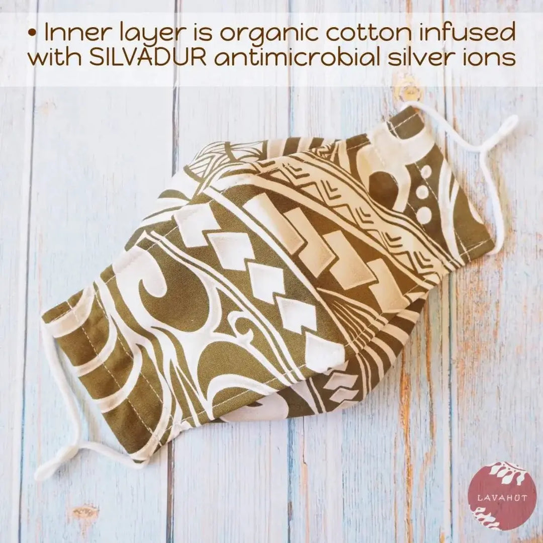 Antimicrobial Silvadur™ + Origami 3d Face Mask • Khaki Tribal Tattoo - Made in Hawaii
