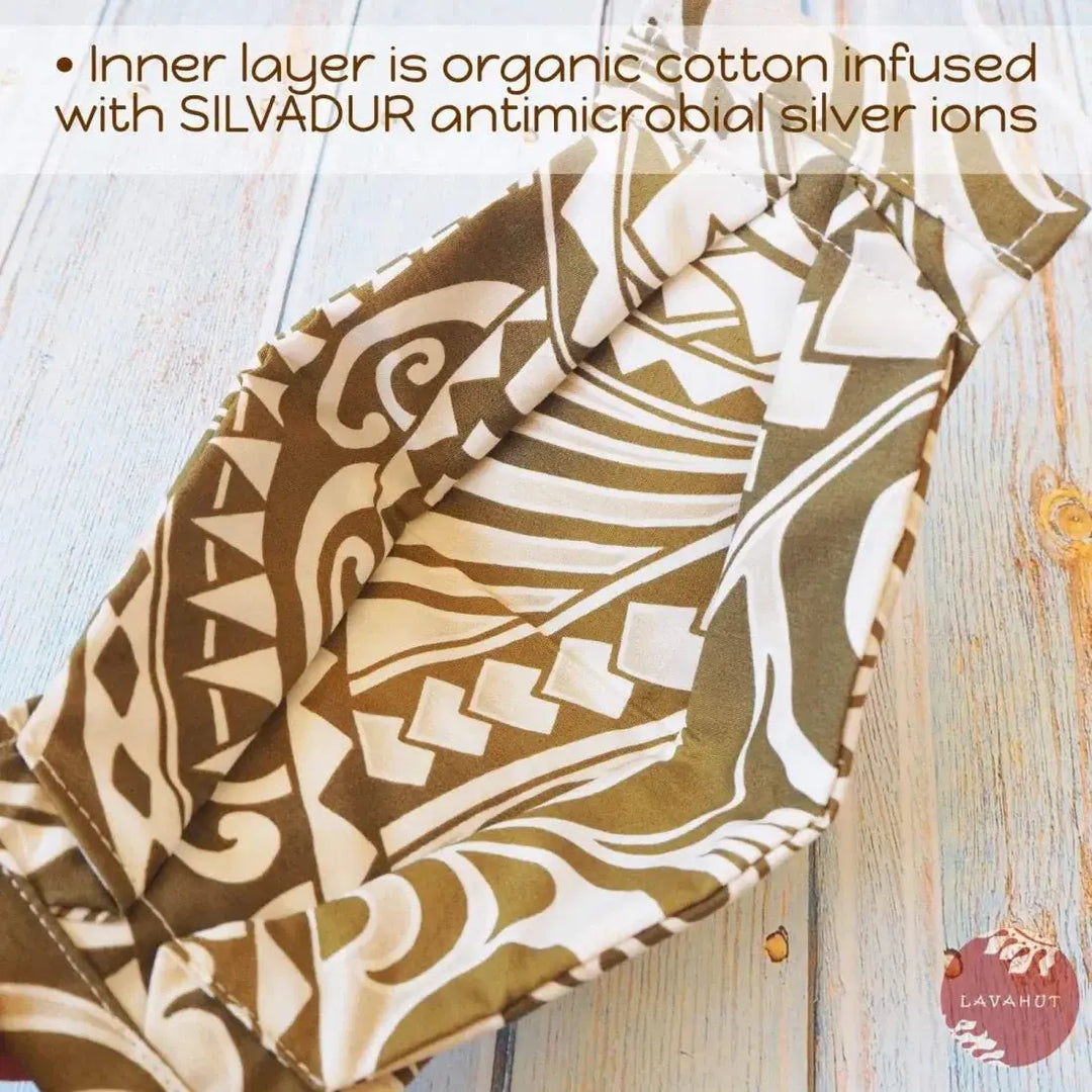 Antimicrobial Silvadur™ + Origami 3d Face Mask • Khaki Tribal Tattoo - Made in Hawaii
