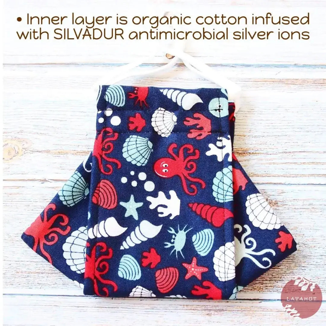 Antimicrobial Silvadur™ + Origami 3d Face Mask • Navy Octopus & Seashells - Made in Hawaii