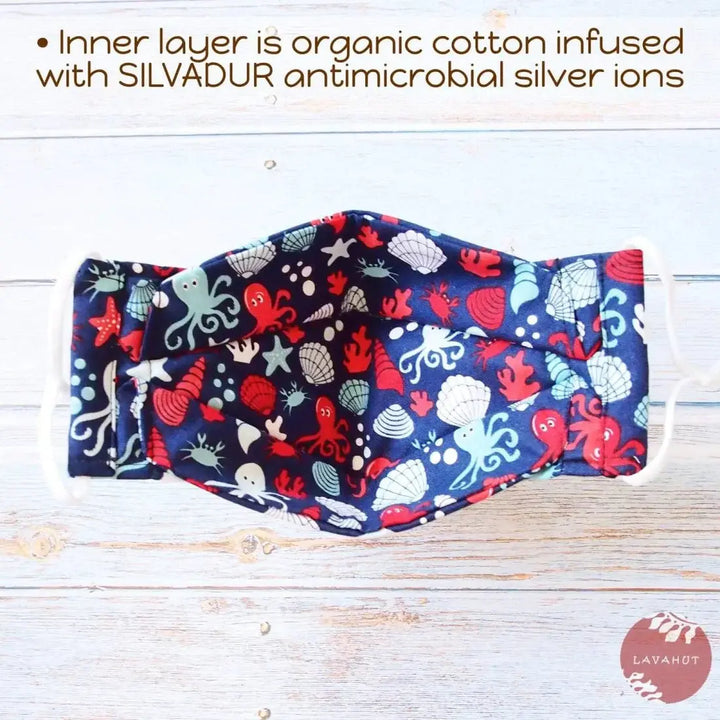 Antimicrobial Silvadur™ + Origami 3d Face Mask • Navy Octopus & Seashells - Made in Hawaii