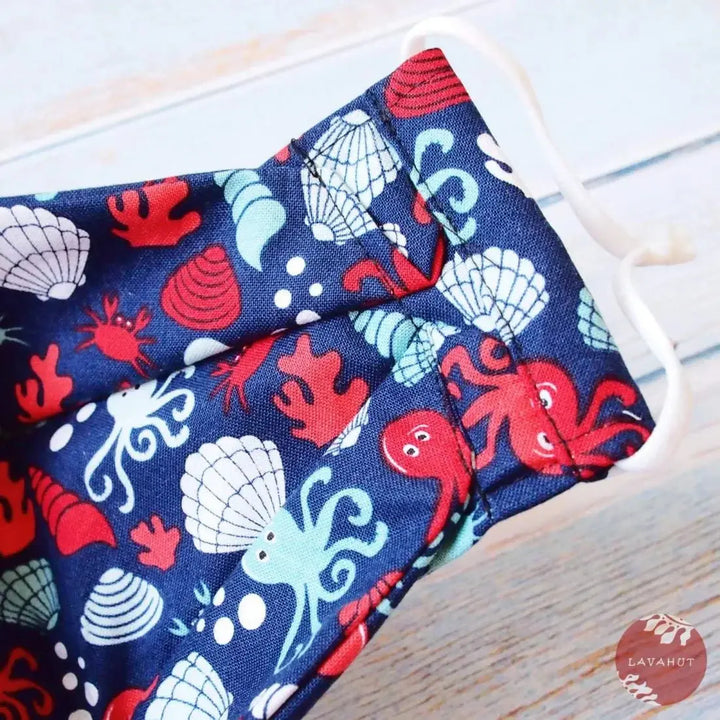 Antimicrobial Silvadur™ + Origami 3d Face Mask • Navy Octopus & Seashells - Made in Hawaii
