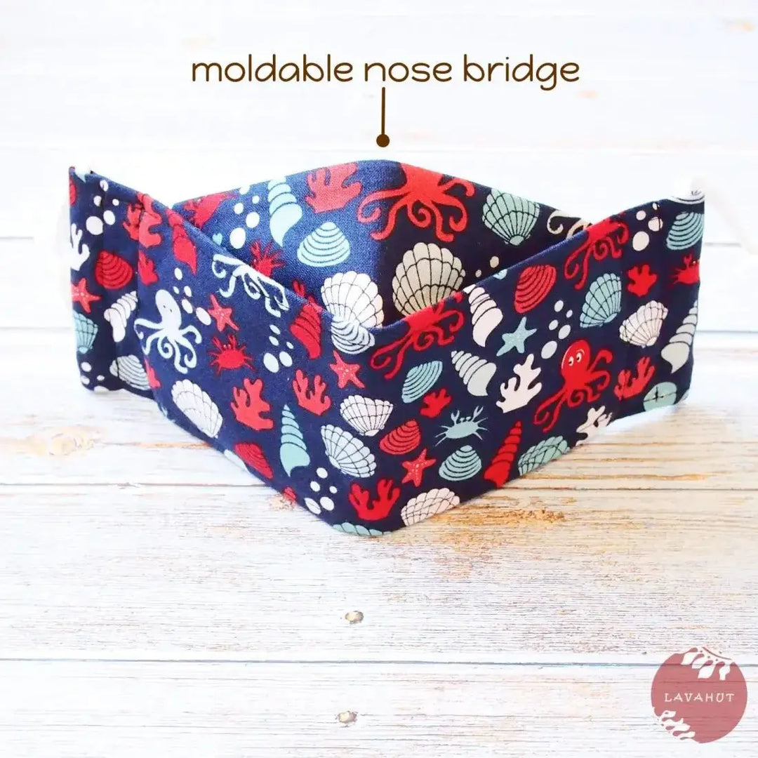 Antimicrobial Silvadur™ + Origami 3d Face Mask • Navy Octopus & Seashells - Made in Hawaii
