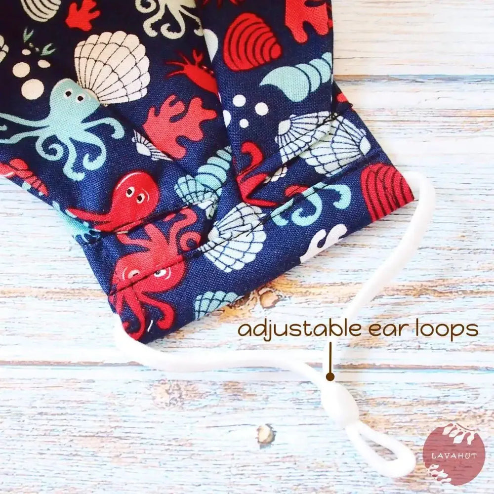 Antimicrobial Silvadur™ + Origami 3d Face Mask • Navy Octopus & Seashells - Made in Hawaii