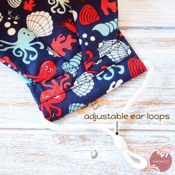 Antimicrobial Silvadur™ + Origami 3d Face Mask • Navy Octopus & Seashells - Made in Hawaii