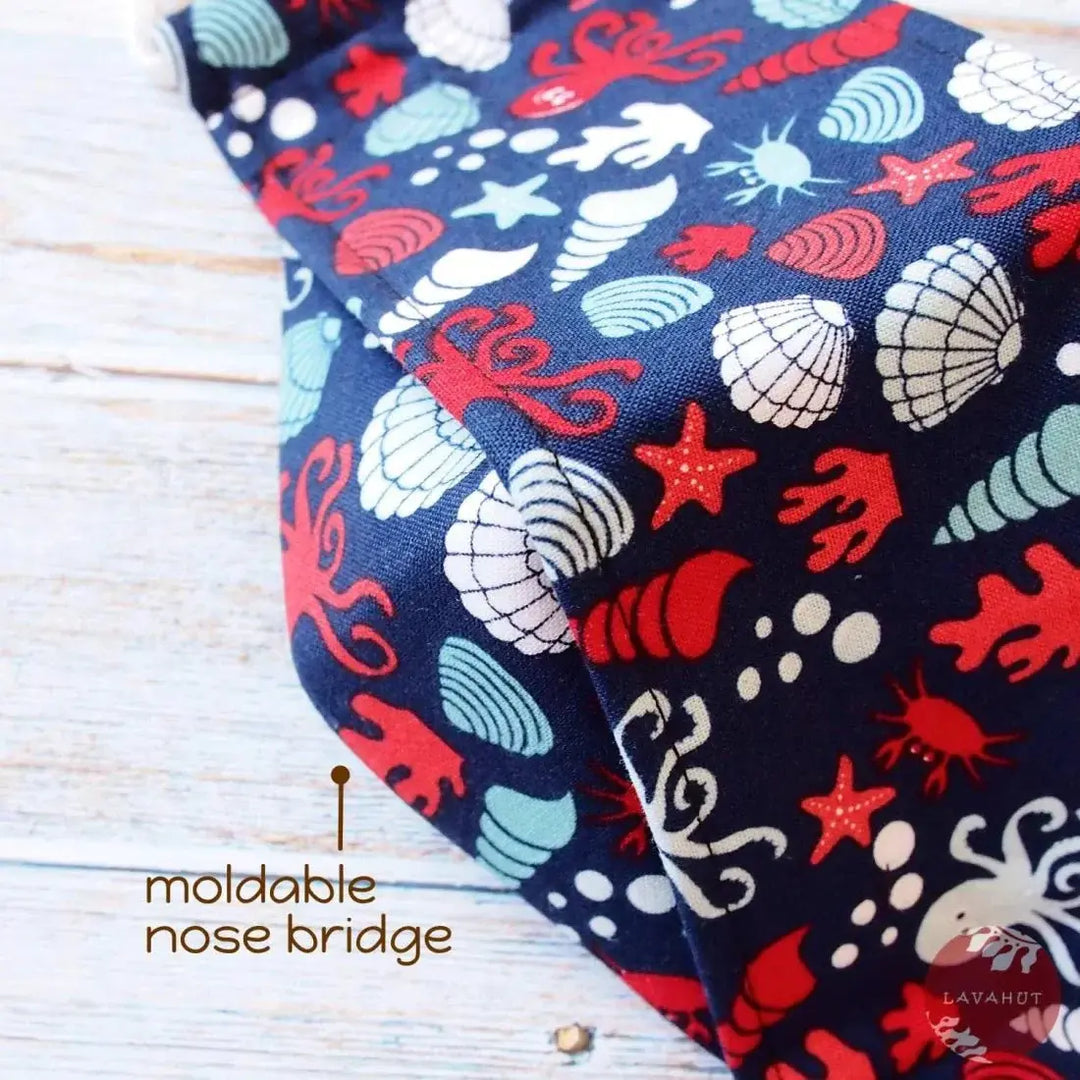 Antimicrobial Silvadur™ + Origami 3d Face Mask • Navy Octopus & Seashells - Made in Hawaii