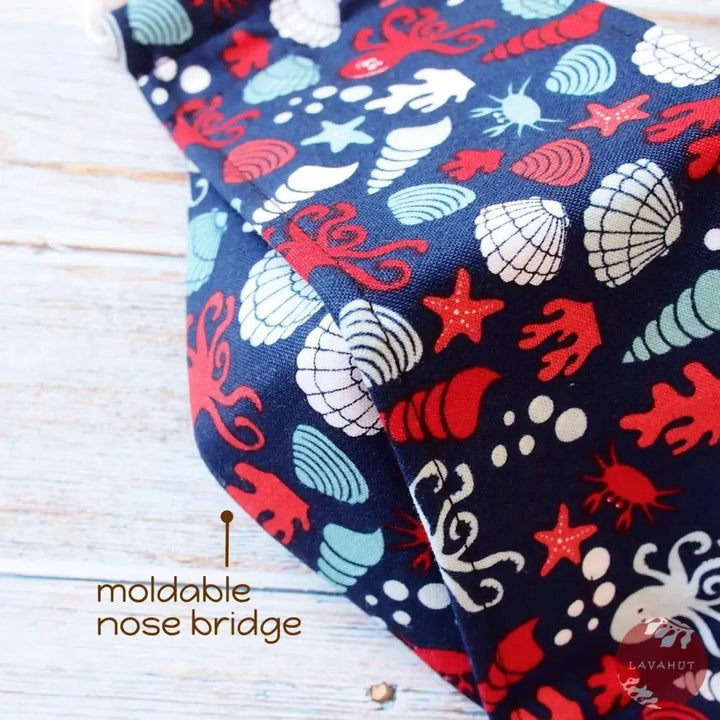 Antimicrobial Silvadur™ + Origami 3d Face Mask • Navy Octopus & Seashells - Made in Hawaii