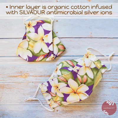 Antimicrobial Silvadur™ + Origami 3d Face Mask • Purple Plumeria Fever - Made In Hawaii