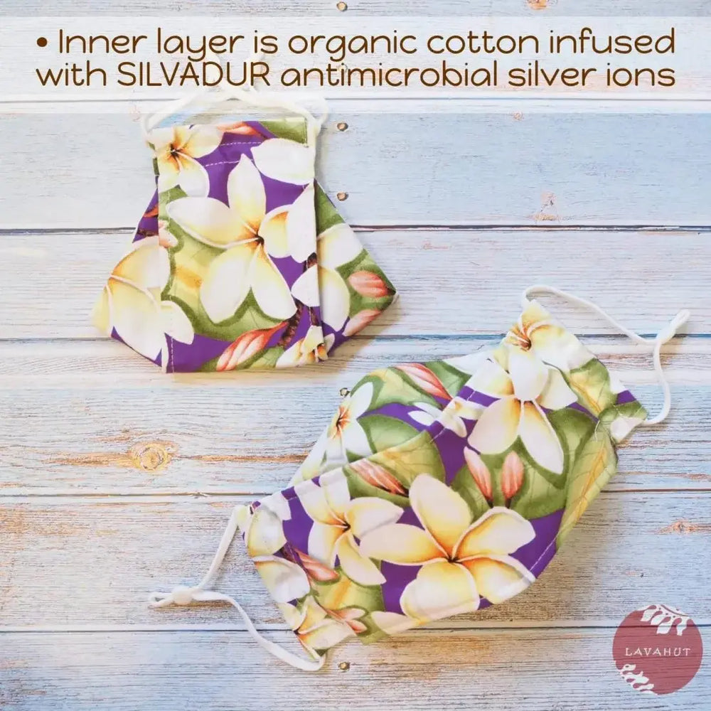 Antimicrobial Silvadur™ + Origami 3d Face Mask • Purple Plumeria Fever - Made in Hawaii