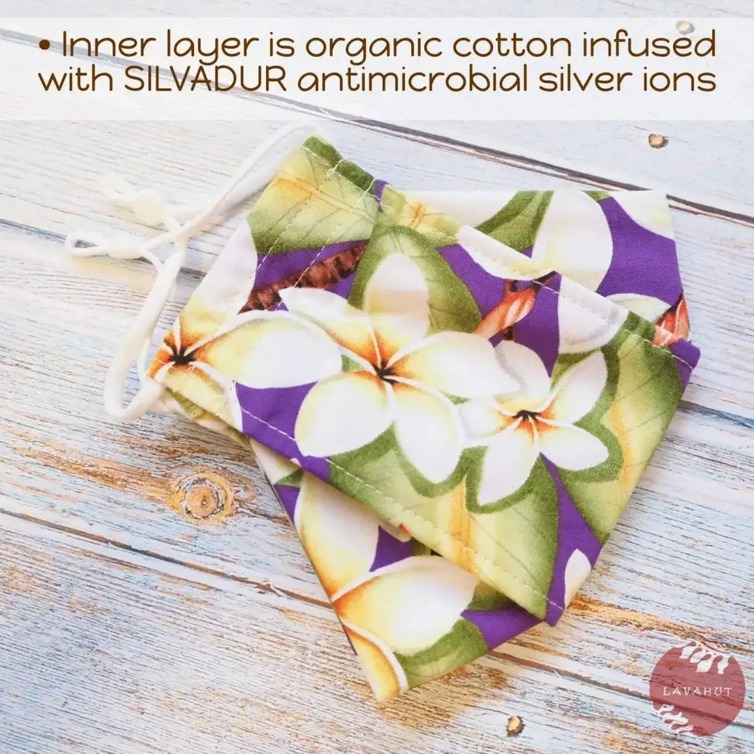 Antimicrobial Silvadur™ + Origami 3d Face Mask • Purple Plumeria Fever - Made in Hawaii