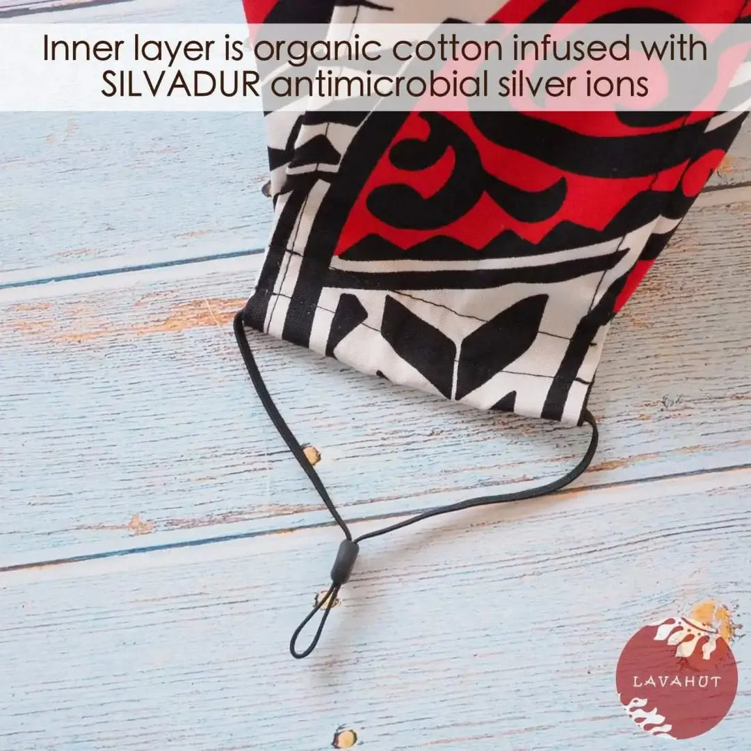 Antimicrobial Silvadur™ + Origami 3d Face Mask • Red Tribal Tattoo - Made in Hawaii