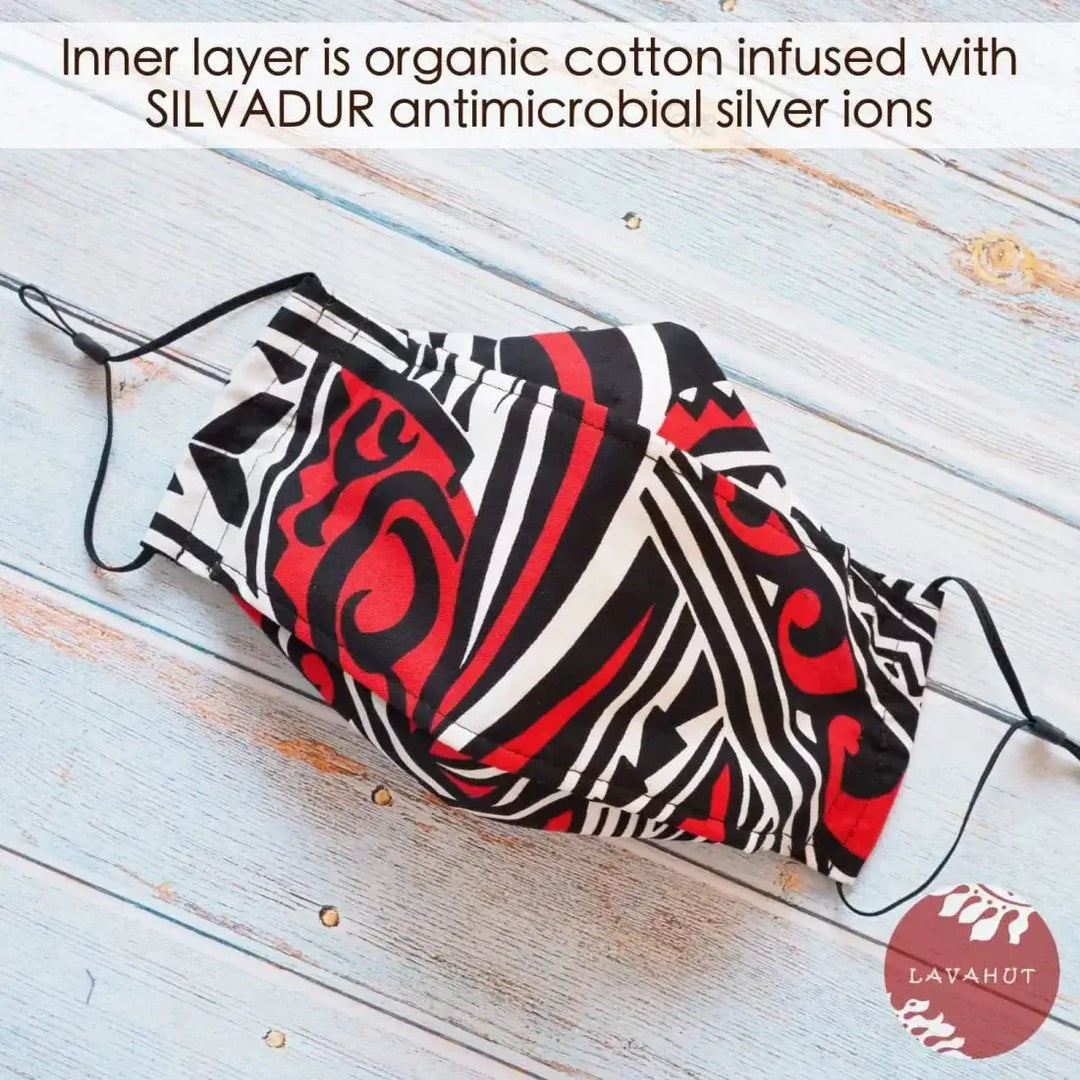 Antimicrobial Silvadur™ + Origami 3d Face Mask • Red Tribal Tattoo - Made in Hawaii