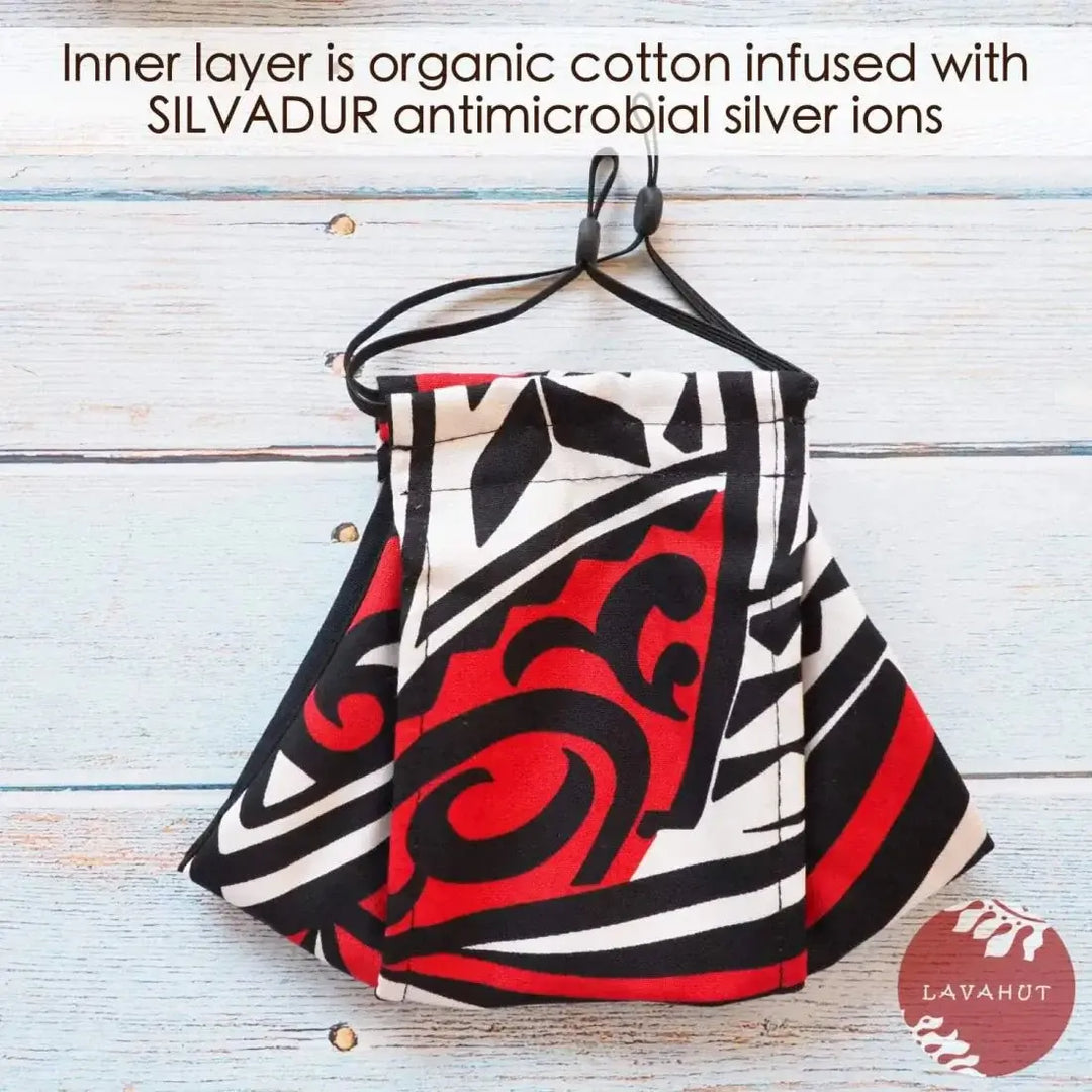 Antimicrobial Silvadur™ + Origami 3d Face Mask • Red Tribal Tattoo - Made in Hawaii