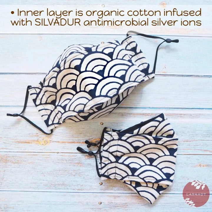 Antimicrobial Silvadur™ + Origami 3d Face Mask • White Seigaiha Waves - Made in Hawaii