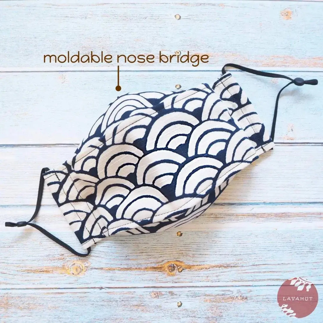 Antimicrobial Silvadur™ + Origami 3d Face Mask • White Seigaiha Waves - Made in Hawaii