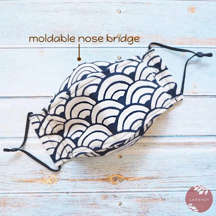 Antimicrobial Silvadur™ + Origami 3d Face Mask • White Seigaiha Waves - Made in Hawaii