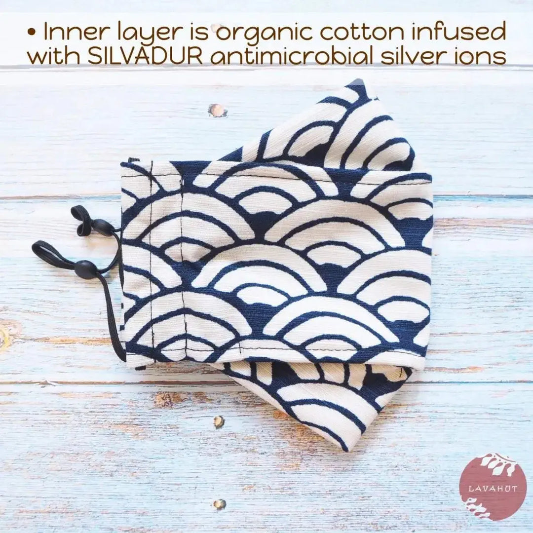 Antimicrobial Silvadur™ + Origami 3d Face Mask • White Seigaiha Waves - Made in Hawaii
