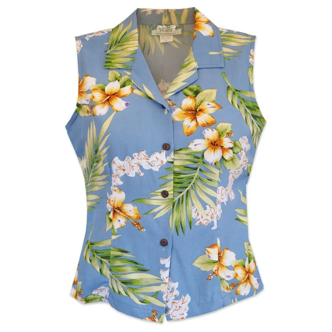 Atoll Blue Lady's Hawaiian Sleeveless Blouse – Authentic Hawaiian Women's Blouses by Lavahut