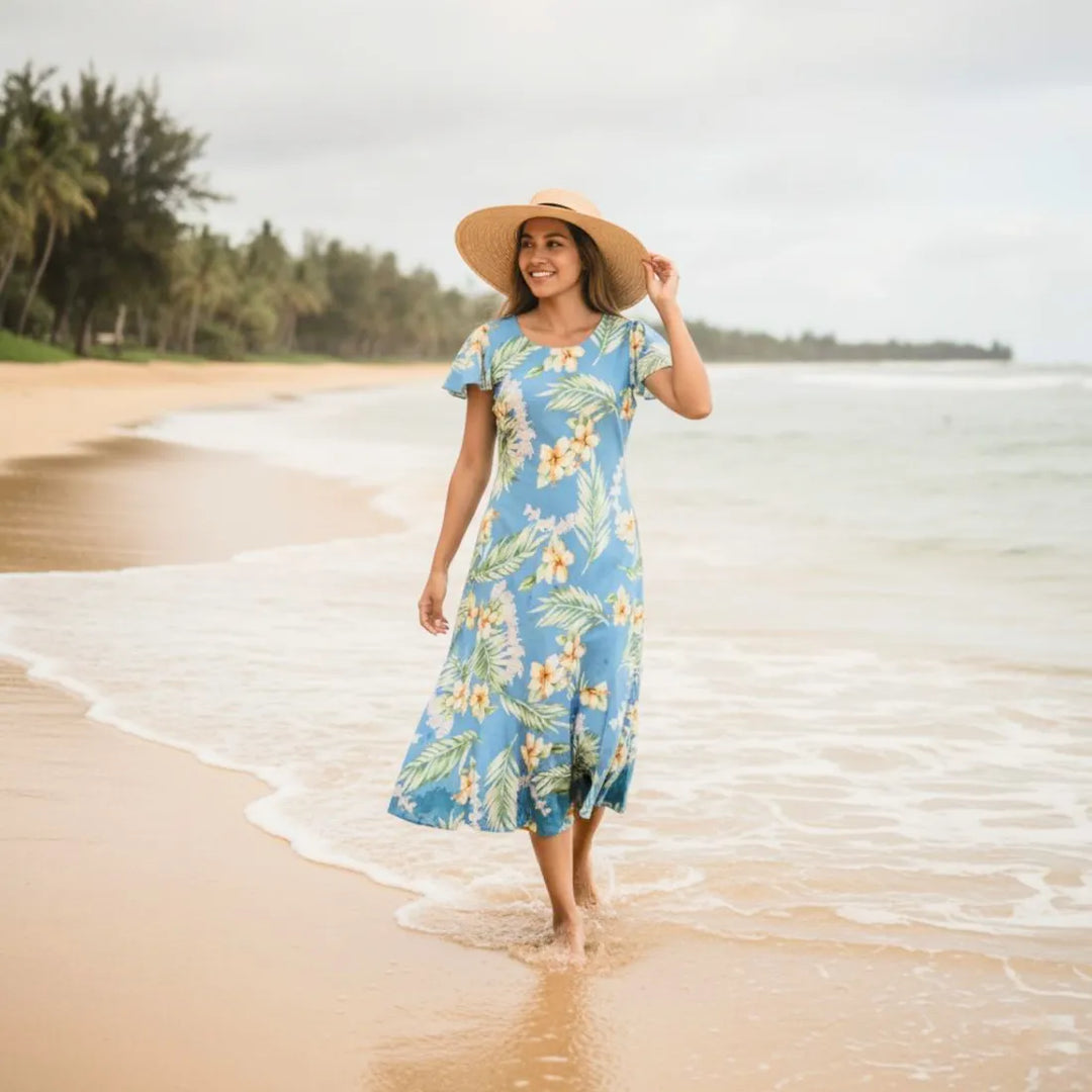 Atoll Blue Malia Hawaiian Dress for Island Elegance L / Blue